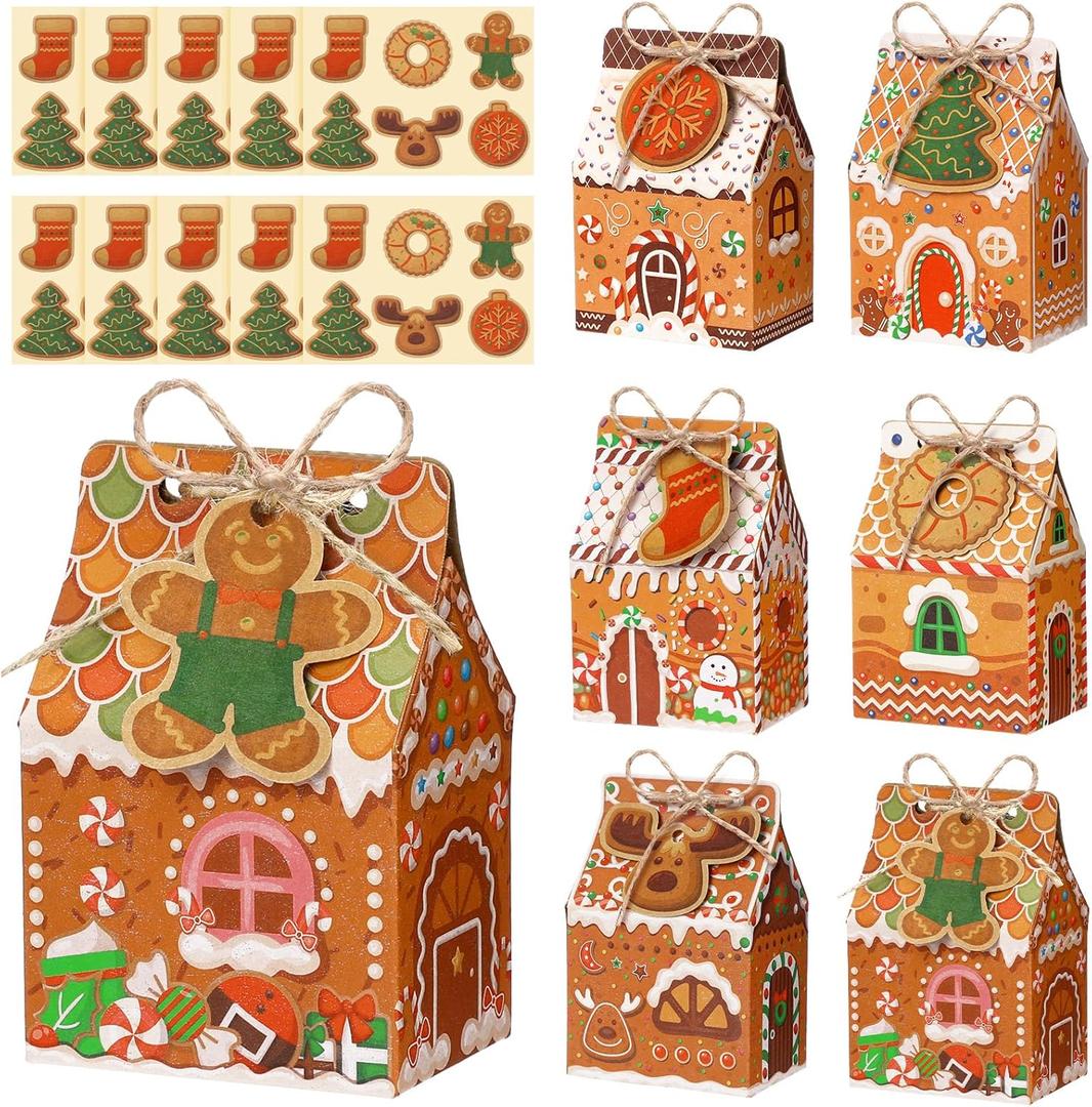 Blulu 60 Set Small Christmas Cookie Boxes with Tags Gingerbread House Gift Box with String Kraft Paper Christmas Treat Boxes Mini Goodie Containers for Xmas Party Packaging Favor Supplies(Brown)