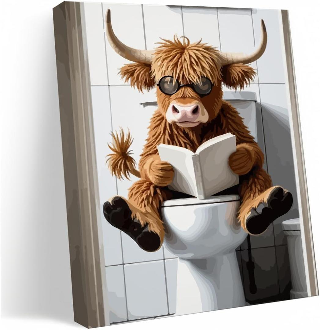 Highland Cow Funny Bathroom Canvas Wall Art, Brown Cute Cow Animal Wall Art for Decorations Indoor, Gift for Women Ideal for Birthday Home Decorations 3