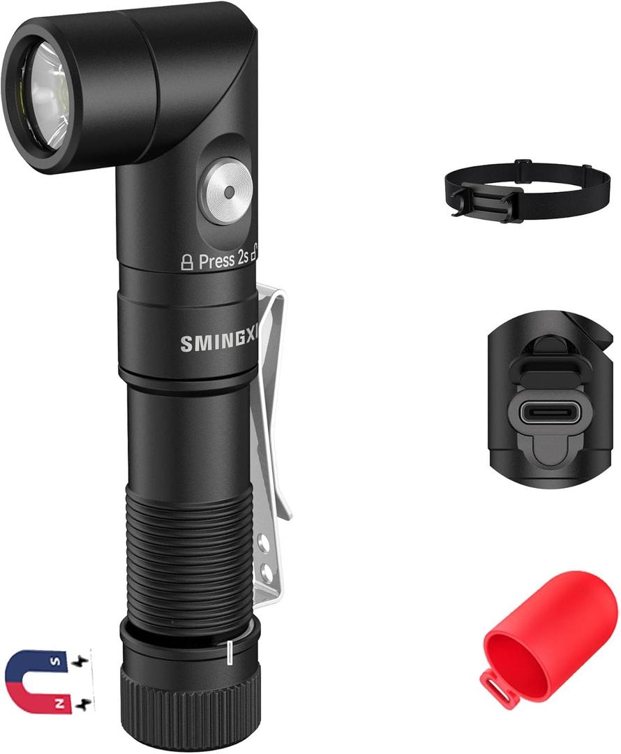 T5 1400 Lumens Rechargeable LED Flashlight, 90 Degree Adjustable Head, EDC Tactical Flashlight,Magnetic AA Pocket Work Light with Red Diffuser & Clip for Camping, Hiking, Emergency