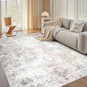 Washable Rugs 8x10 Area Rugs for Living Room, Modern Abstract Rugs for Bedroom, Large Carpets, Ultra Soft Faux Wool Retro Dining Room Rug, Non Slip&Non-Shedding Low Pile Print Rug- Beige Grey