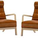 Phoenix Home Mid Century Modern Accent Chair Set of 2, PU Leather Upholstered Lounge Arm Chair with Solid Wood Frame & Lumbar Pillow for Living Room Balcony, Bedroom, Brown