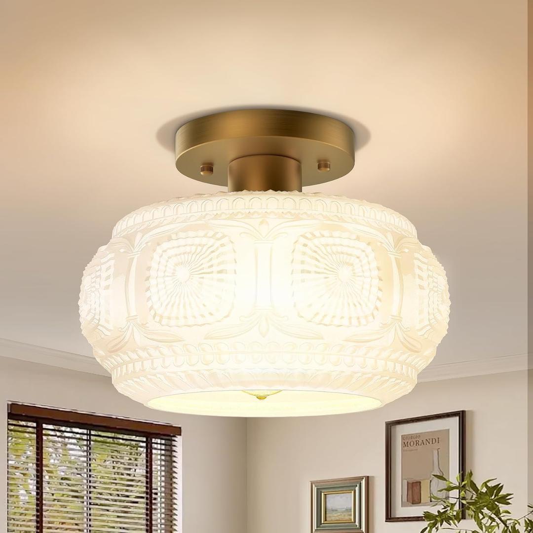 Semi Flush Mount Ceiling Light, Milk Glass Shade Modern Ceiling Light Fixture, Vintage Gold Lighting for Hallway Bedroom Entryway Kitchen Porch (9.38 inch)