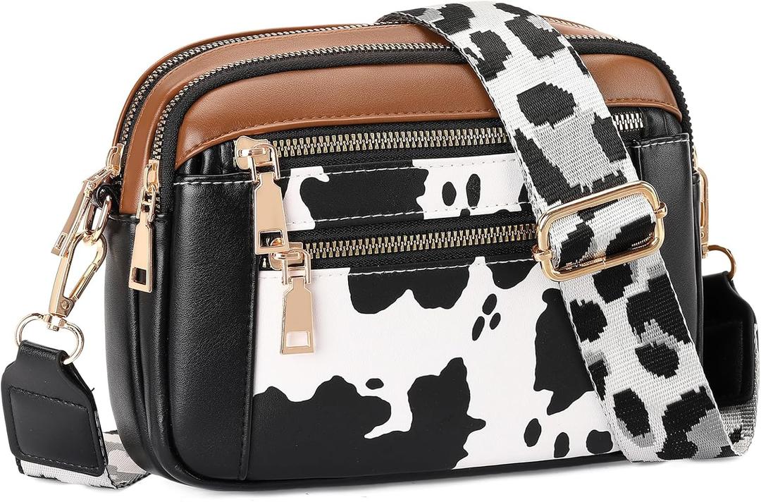 GAEKEAO Small Crossbody Bags For Women Vegan Leather Trendy Purses Shoulder Handbags Travel with Adjustable Wide Strap (9928- Cow Print Black)
