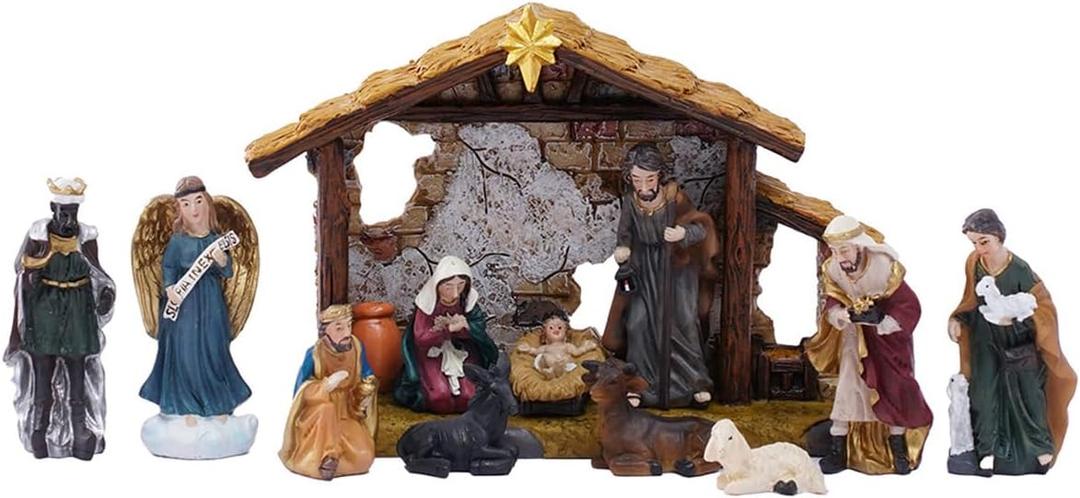 Traditional Christmas Nativity Scene Set with Stable, 12 Piece Resin Figurine Collection, Holiday Religious Decor (3.3inch)