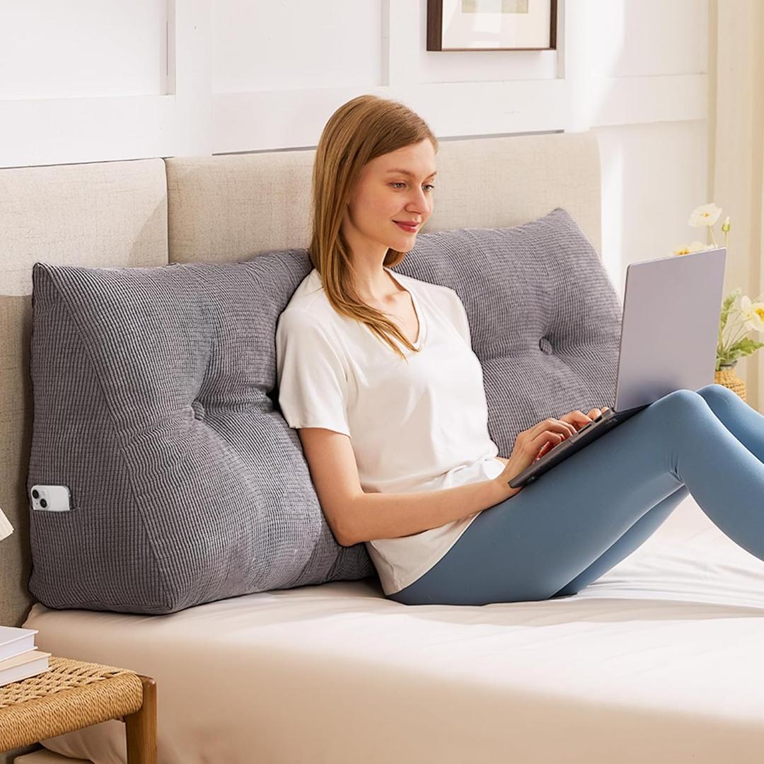 Headboard Pillow Queen, Wedge Pillow Headboard, Dark Grey | Triangle Backrest for Headboard, Bed Pillow for Sitting Up Reading Working, Removable Cover, Side Pockets, for Bed Dorm Sofa