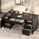 GarveeHome Farmhouse Executive Desk with File Drawers, 60 in Home Office Desk with Charging Station, Wooden Computer Desk with Cabinet Storage for Work Study Writing, Rustic Black