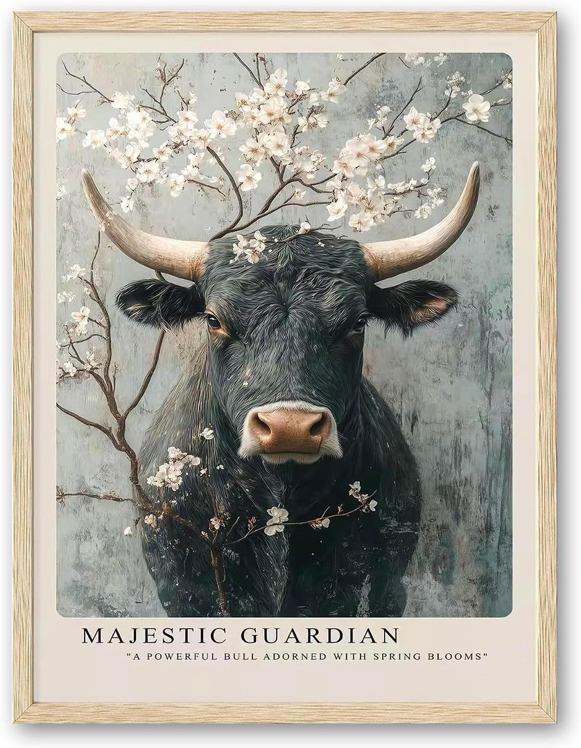 Bathroom Picture Wall Decor A Powerful Bull Adorned With Spring Blooms OAK Wood cow canvas Wall Art, 8x10in , bathroom wall art Rustic Farm Animal Canvas Print Poster for Living Room Bedroom Home Decoration