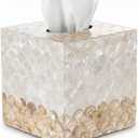 Coeusy Square Tissue Box Cover, Handmade Boho Decoraive Tissue Holder with Capiz Shells, Elegant Tissues Cube Box Cover for Bathroom Decor Accessories,Vanity,Night Stand,Office(White and Gold)