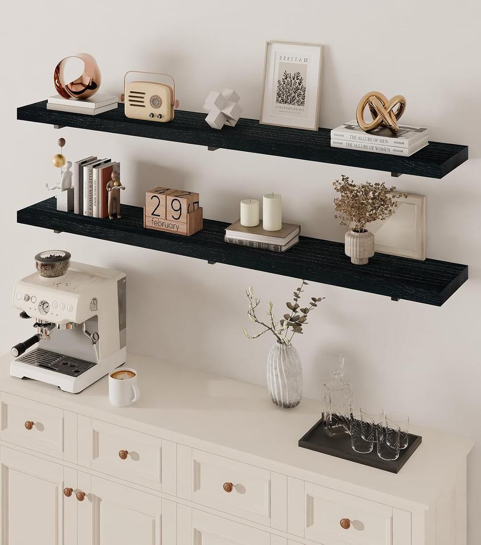 Long Wall Shelves 60 inch,Black Long Floating Shelf for Wall Set of 2,Large Shelves with Metal Brackets, Farmhouse Bookshelf for Bedroom, Living Room and Bathroom (Black, Set of 2)