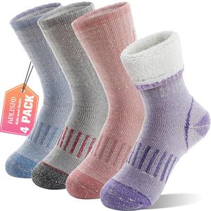 Anlisim Wool Socks, Thermal Winter Warm Thick Merino Wool Hiking Socks for Kids & Teens, 4 Pairs (XS)