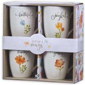 Christian Art Gifts Ceramic Coffee or Tea Mug Set for Women, Be Grateful, Faithful, Thankful, Joyful Bible Verse Mug Set, Boxed Set of 4 Coffee Cups