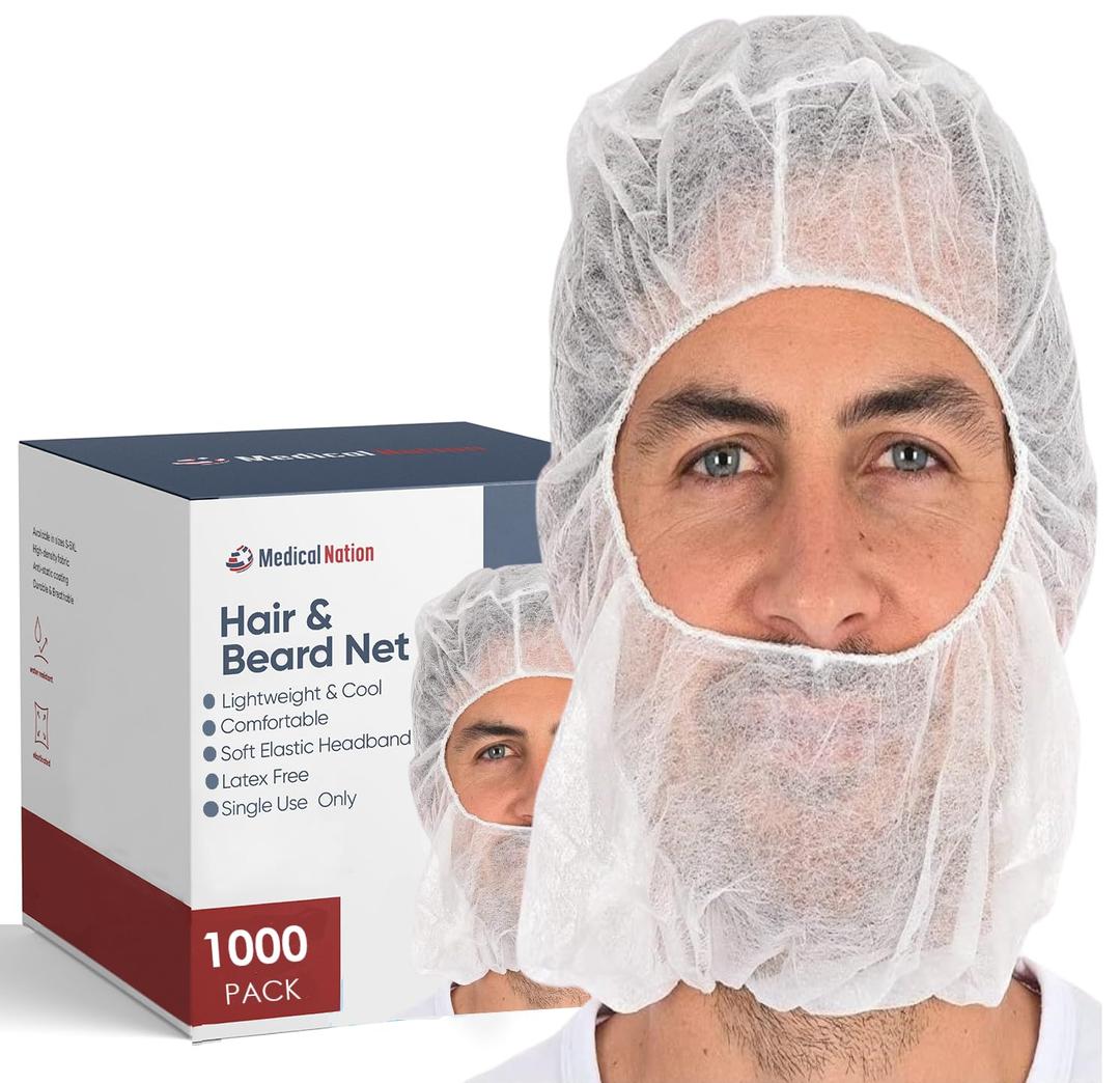 MEDICAL NATION 1000 Disposable Beard and Hair Net | Disposable Bouffant Hoods Caps, Beard Nets, Full Face Hair Nets | Unisex, Universal Size Hairnets for Food Service, Work, Cooking | White, 1000 Case