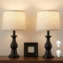 Hikczc Vintage Table Lamp for Living Room Bedroom, 18.5" Farmhouse Bedside Lamps Nightstand Lamp Set of 2, Table Lamps with Oatmeal Linen Lamp Shades, 2 LED Bulbs Included, Black
