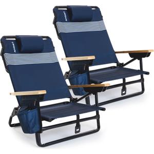 WOVN Premium Reclining Beach Chairs 2 Pack - Portable Lay Flat Folding Beach Chair for Adults - Includes Shoulder Backpack Strap, Pillow, 2 Pockets, and Cup Holder - Lido
