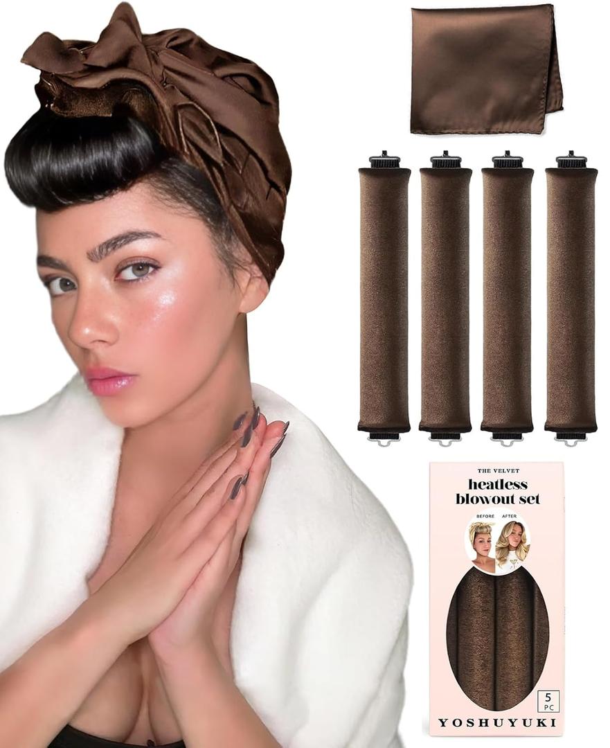 Grande Heatless Curls Overnight Rods No Heat Hair Curlers to Sleep Jumbo Foam Large Hair Rollers for Long Short Hair Heatless Curling Rod Set with Satin Wrap for Sleeping Brown (Grande 4 Rods - Brown)