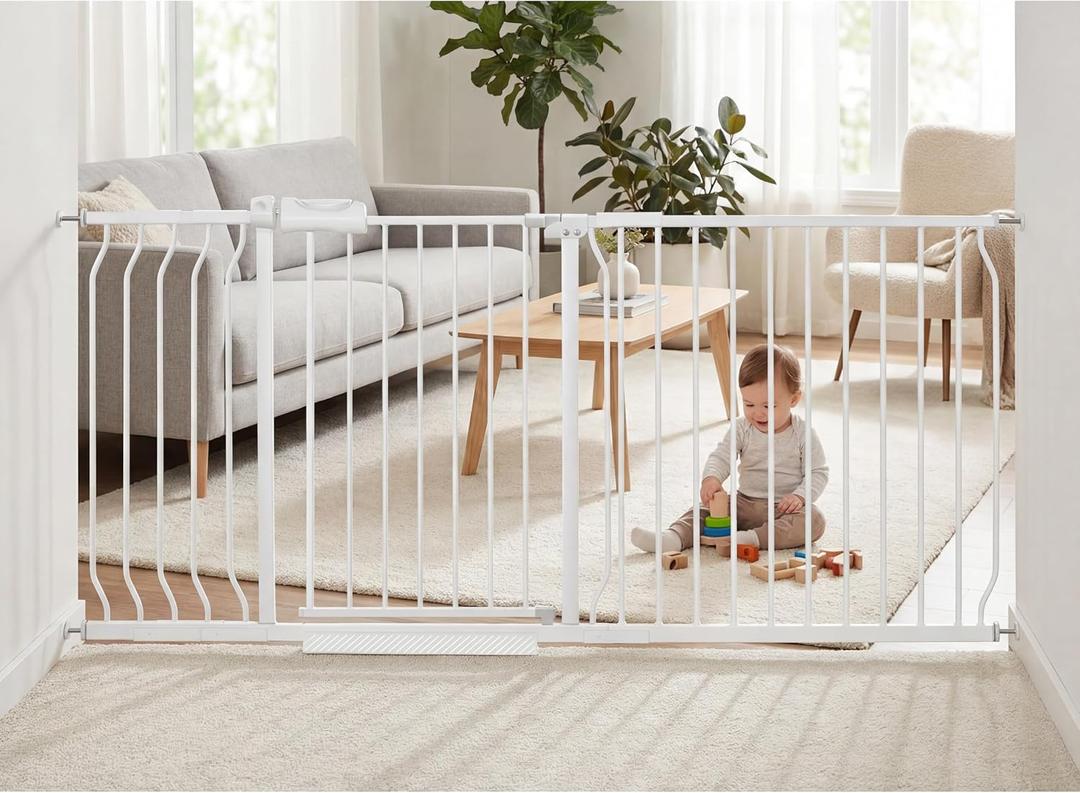 Extra Wide Baby Gate Tension Indoor Safety Gates White Metal Large Pressure Mounted Pet Gate Walk Through Long Safety Dog Gate for The House Doorways Stairs (66.93"-71.65"/170-182CM, White)