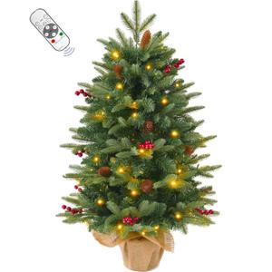 3FT Pre-lit Artificial Small Mini Christmas Tree with Warm White Multi-Color LED Lights, Remote Control and Timer, Perfect for Xmas Tabletop Decorations, Home, Kitchen, Dining Table (Green Red)