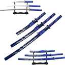 Decorative Samurai Sword Set, 3-Piece Blue Katana Collection with Display Stand, 39.3/31.1/20.4 inches