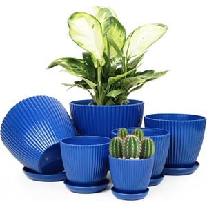 Plant Pots Indoor with Saucers & Drainage - 6 Pack Flower Pots - Plastic Planters for Indoor Planter - 7.5/6.6/5.8/5.0/4.3/3.5 inches Sizes for All Different Types of Plants-Dark Blue
