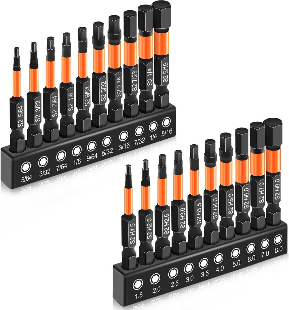 2 x 20PCS Premium Hex Bit Set, Impact Allen Wrench Drill Bit Set (Metric&SAE), 1/4 Hex-Shank S2 Alloy Steel Key Drill Bit Set with Magnetism, CNC Machined Tips, 2" Long with Storage Box