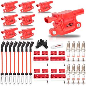 8 Pack Red Square Upgraded Ignition Coil Pack and Spark Plugs and Wires Set for Buick/Cadillac/Chevrolet/GMC/Hummer Escalade Express Savana 2500 5.3L 6.2L 6.0L 4.8L Replaces UF413 12570616