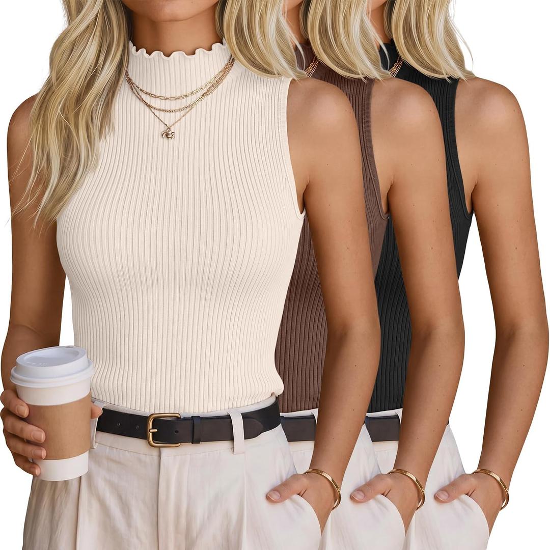 Riyiper 3 Pack Women's Turtleneck Tank Tops Sleeveless High Neck Ribbed Fitted Lettuce Trim Shirts Summer Layer Undershirts, Large
