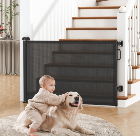 Retractable Baby Gate for Stairs & Doorways, Dog Gate Indoor Outdoor
Extends to 55" Wide 34" Tall Mesh Child Gate for Hallways, Deck, Porch, Pet Toddler Safety Essentials, Easy Install, Black