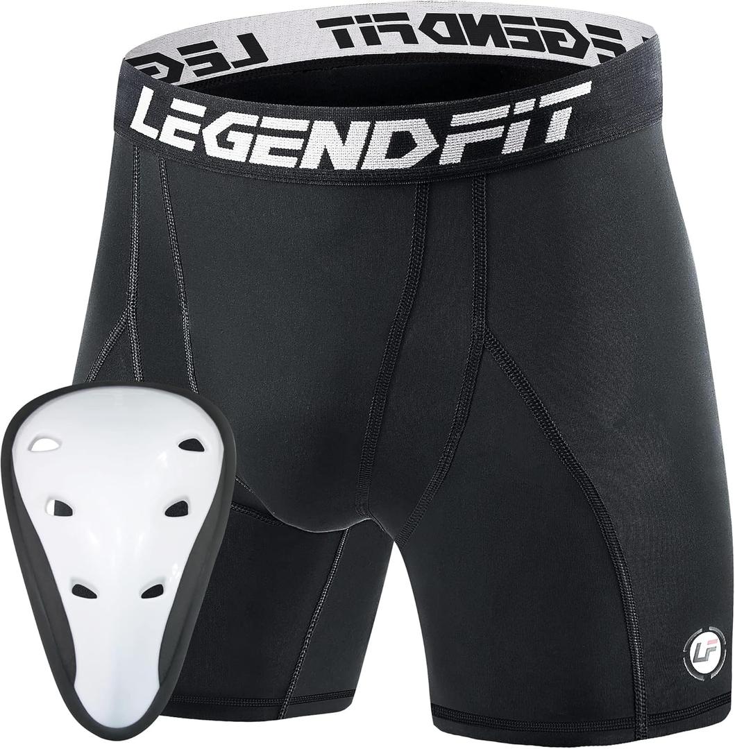 Youth Boys Football Baseball Compression Shorts w/Cup Protector Athletic Sliding Underwear Lacrosse Cricket (Medium, Black)