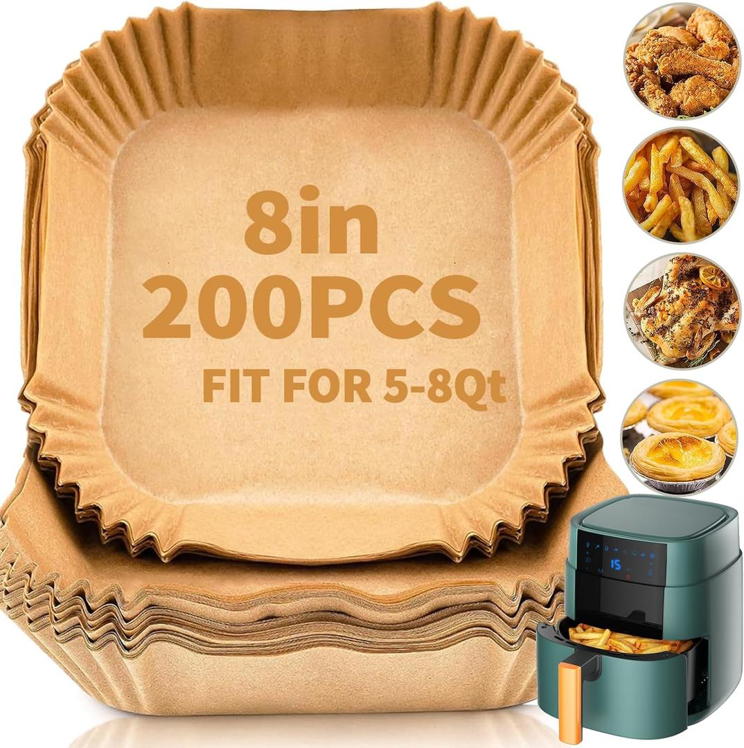 200 PCS Air Fryer Disposable Paper Liners,8 Inch Square Parchment Disposable Paper Liner for 5-8QT Air Fryer, Baking, Roasting and Microwave, Non-Stick Airfryer Accessories (Nature)
