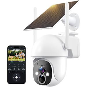 2K Solar Security Cameras Wireless Outdoor, 360 View WiFi Cameras for Home Security with Color Night Vision, Battery Powered, PIR Detection, Spotlight Siren Alarm, Only 2.4Ghz WiFi (P45-J)