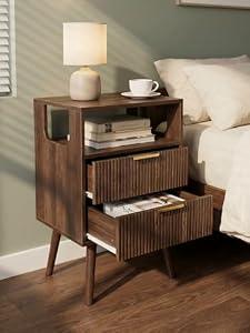 Leomonio Nightstand, Modern Night Stand with 2 Storage Drawer and Opening Storage, Fluted Bedside Table with Solid Wood Legs for Bedroom