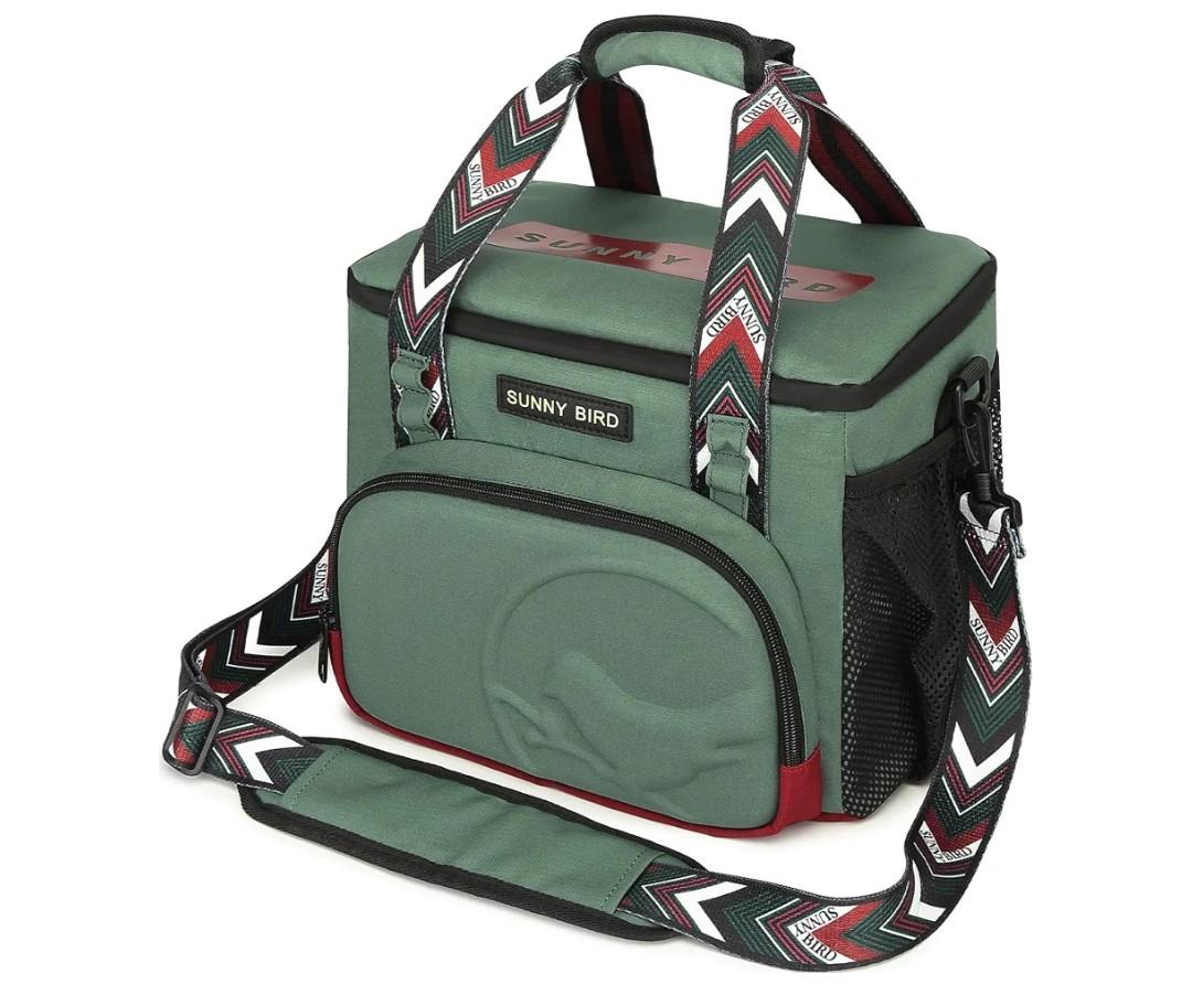 SUNNY BIRD 12L Large Insulated Lunch Bag, Foldable Lunch Cooler Box for Women Adult and Men, Fits 18 Cans (Green with Boho Strap