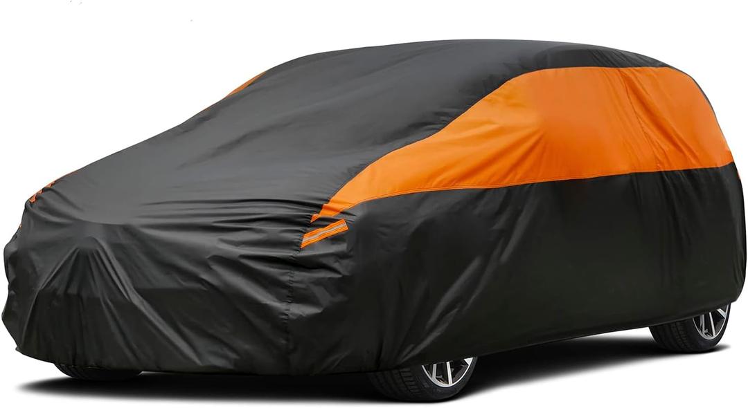 Hatchback Car Cover for Automobiles All Weather Waterproof, Universal Fit Kia Rio, Toyota Yaris, Mitsubishi Mirage, Chevrolet Bolt EV/Sonic, Mini Cooper 2-Door/4-Door etc. (Black-Orange)