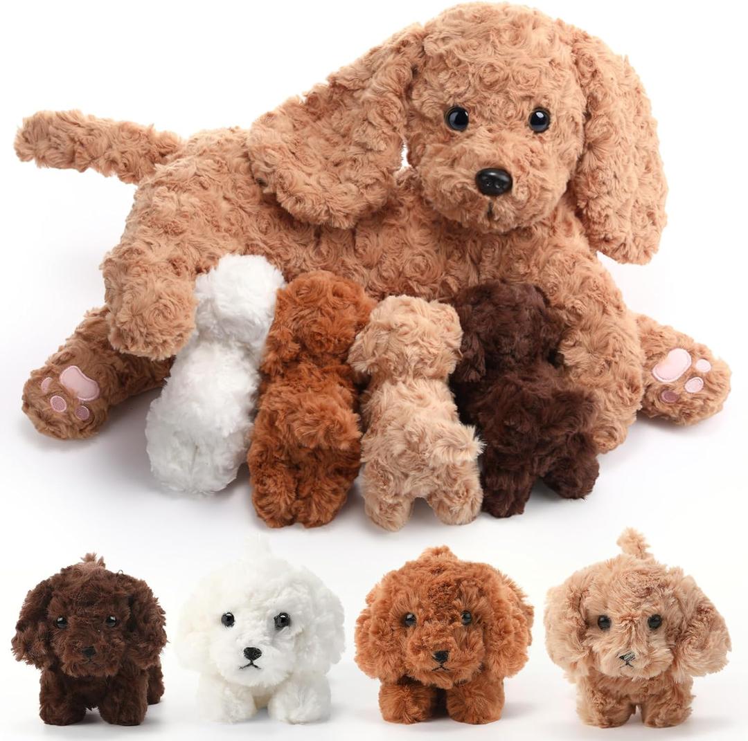 HyDren 5 Pcs Labradoodle Nurturing Dog Stuffed Animal Sets 15 Inch Soft Cuddly Labradoodle Plush Toys Nursing Mommy Dog with 4 Puppy Stuffed Animals for Kids Birthday Easter Party Gifts