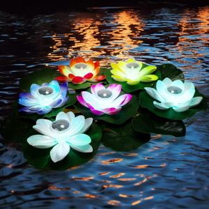 VIHOSE 6 Pcs Solar Floating Pond Lights Waterproof Solar Lotus Floating LED with 10 Pcs Lily Pads Swimming Pool Pond Flower Night Lights for Patio Garden Pool Outdoor Party Decorations