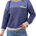 Rooscier Women's Striped Knit Pullover Sweater Crew Neck Long Sleeve Loose Sweaters with Pocket (Purple, L)