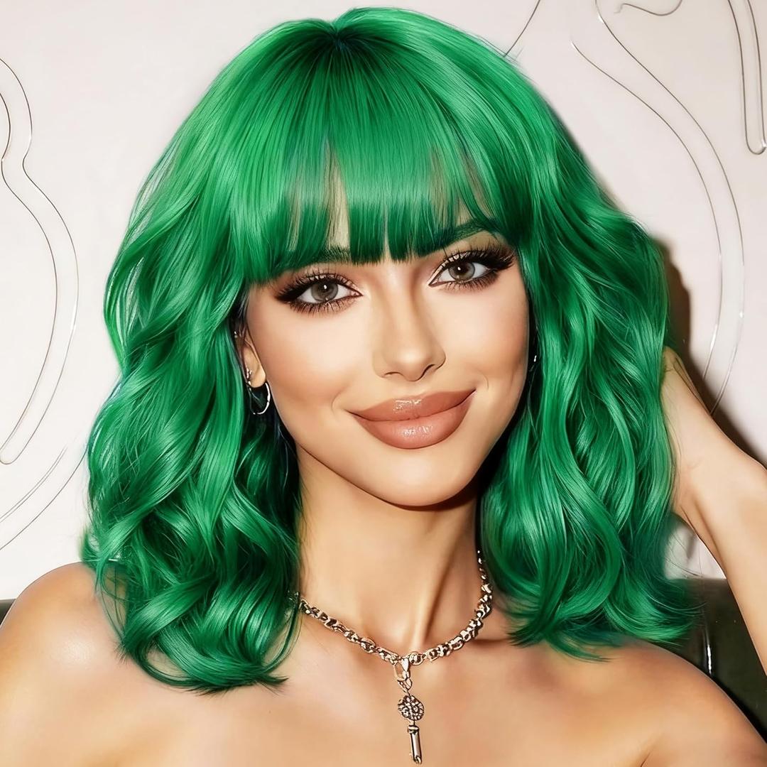 Green Wig with Bangs Short Wavy Bob Wigs for Women Loose Curly Colorful Wig Shoulder Length Natural Looking Synthetic Bob for Girl Cosplay Costume 14 Inches