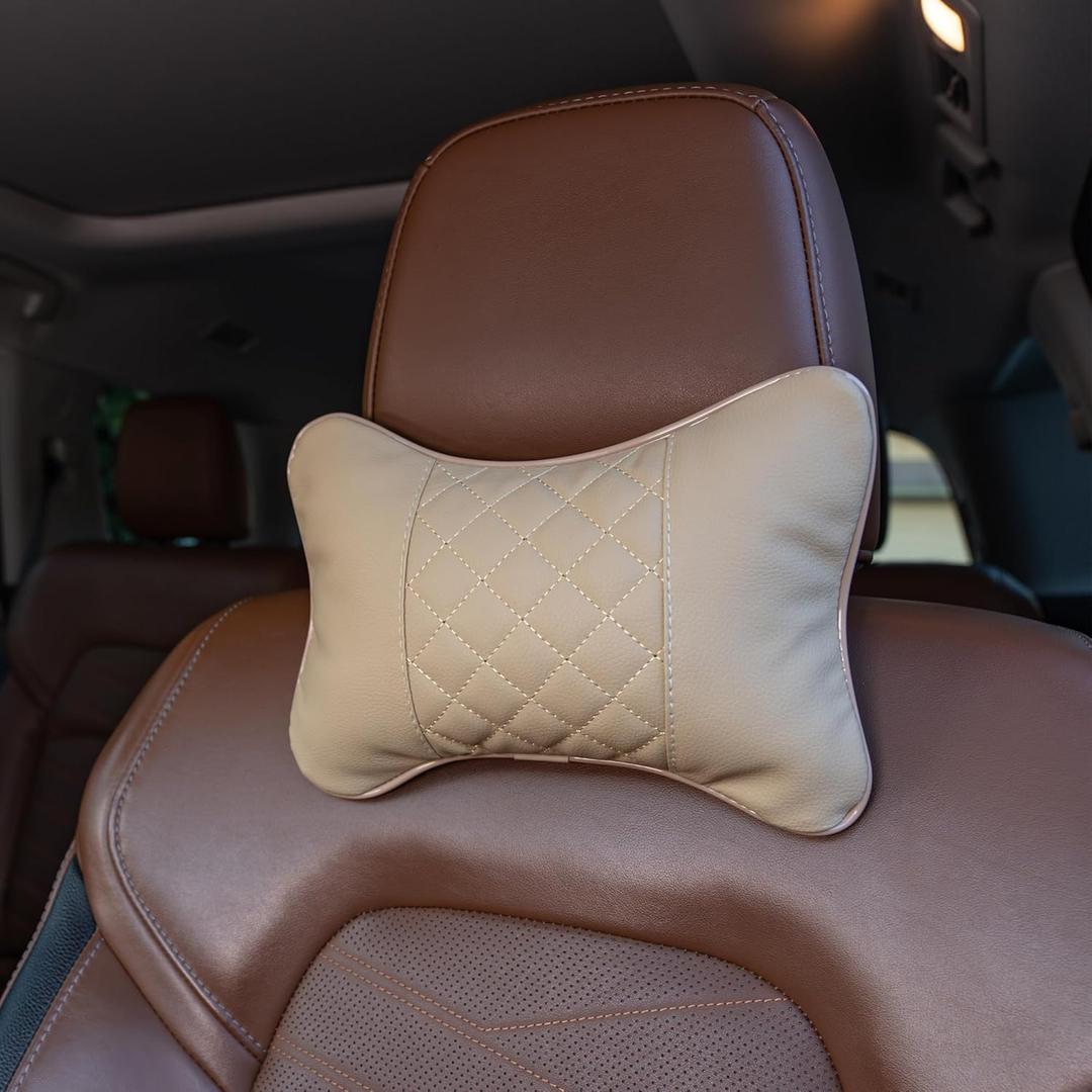 Set of 2 Quilted Faux Leather Car Headrest Pillow, Black Case/Black Threading, Ergonomic Neck Support for Comfortable Driving (Tan Base/Beige Thread)