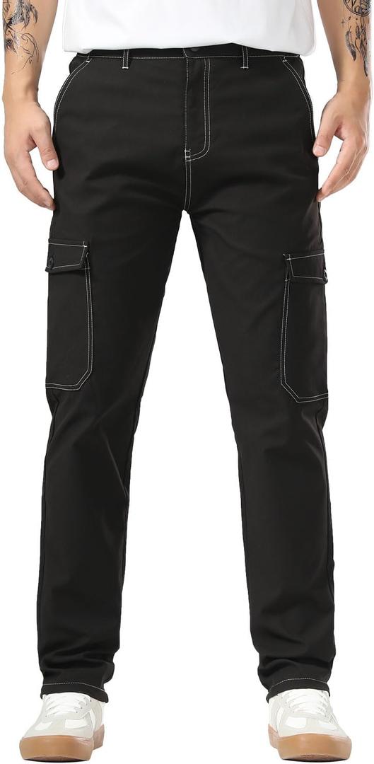 Plaid&Plain Mens Cargo Pants Slim Fit with Contrasting Topstitching and Multi-Pocket (Black)