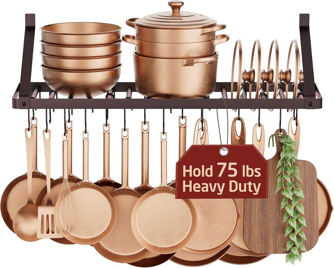 KES 75lb High-Capacity Oil Bronze Pot Rack Wall Mounted, holds up to 150 lb with Pot Lid Holder 34 Inch Heavy-Duty Pots and Pans Hanging Rack with 20 Hooks, Drilling Template Provided for Easy Install
