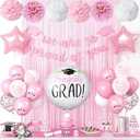 Graduation Party Decorations Pink, Congrats GRAD Banner Paper Pompoms Pink Fringe Curtain Backdrop Star Foil Balloons Pink White Latex Balloon for Graduation Class of 2026 Decorations