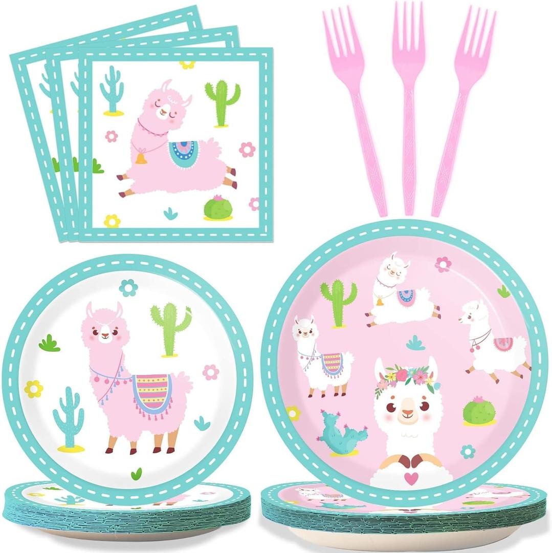 ZOIIWA 96 Pcs Llama Birthday Party Supplies for 24 Guests Alpaca Llama Birthday Plates Napkins Tableware Party Decorations Mexican Cactus Dinnerware Favor for Kids Girls Baby Showers
