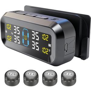 Tire Pressure Monitoring System with Solar & USB Charger-TPMS with 4 External Sensors & 6 Alarm Modes, LCD Display Screen, Real-Time Pressure & Temperature Monitor for Sedan/SUV/MPV/RV/Trailer 0-99PSI