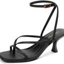LOOPCHARM Women's Kitten Heel Strappy Open Square Toe Thong Ankle Strap Heels for Wedding 8.5
