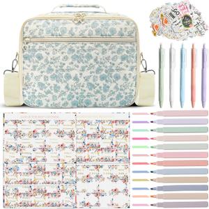 Bible Cover Case for Women,Large Quilted Bible Bag with Study Supplies,Stylish Church Bag Bible Journaling Kit,Mothers Day Christian Gifts for Women (Blue Small Floral, M)