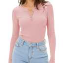 Women's Long Sleeve Henley Tops, Slim Fitted Ribbed Casual Tee Top, Stretchy Casual Shirts(Pink,XL) (Pink, XL)