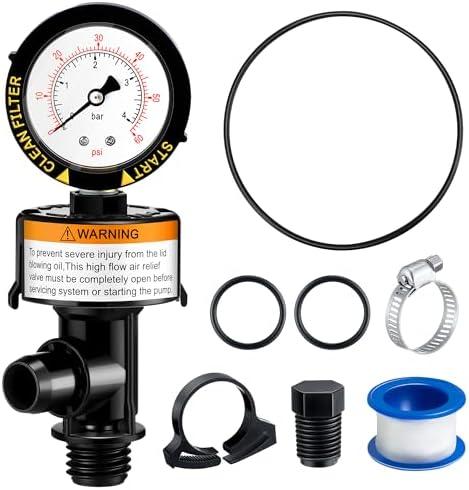 Dreyoo Air Relief Valve Compatible with Pentair Filter, Pressure Gauge for Pool and SPA Filters, Pool Filter Replacement Parts Include Relief Valve, Pressure Gauge, O Ring, Seal Tape and Clamps