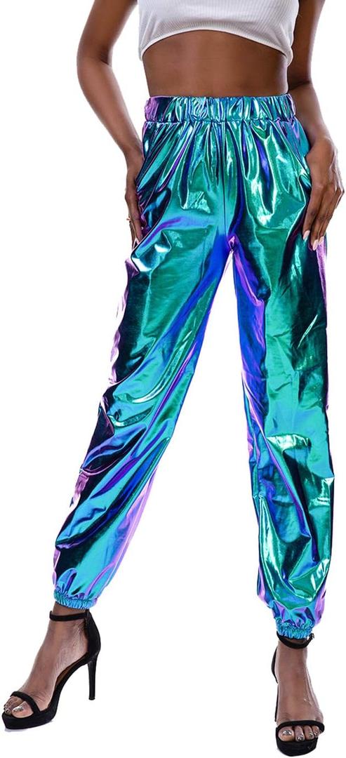 SIAEAMRG Womens Shiny Metallic High Waist Stretchy Jogger Pants, Wet Look Hip Hop Club Wear Holographic Trousers Sweatpant (S)