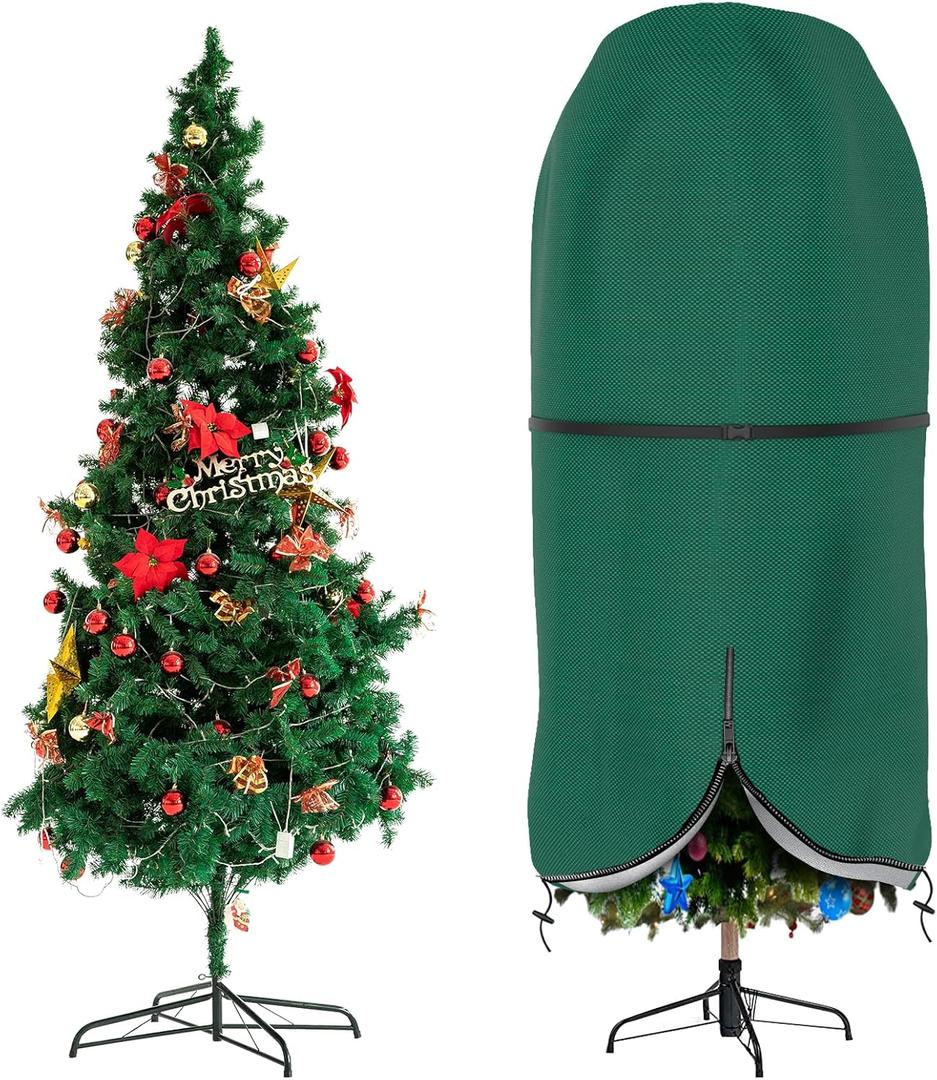Christmas Tree Cover with Adjustable Straps, Upright Xmas Tree Storage Bag with Zipper & Drawstring for up to 9 Foot Artificial Tree Standing with Ornaments, Waterproof, Dustproof