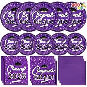JOYIN 200 Pcs Graduation Party Plates and Napkins Dinnerware Set Supplies, 2025 Purple Disposable Dessert Paper Plates Luncheon Cocktail Napkins for Congrats Grad Graduation Decorations, Serve 50